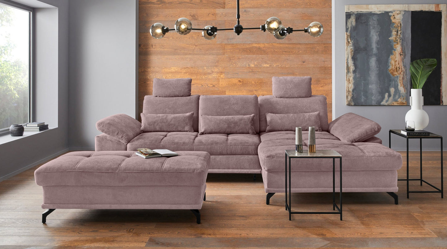 Ecksofa in Rosa Flieder mit Schlaffunktion, Bettkasten und Federkern, Sofa Costello Couch, rose.