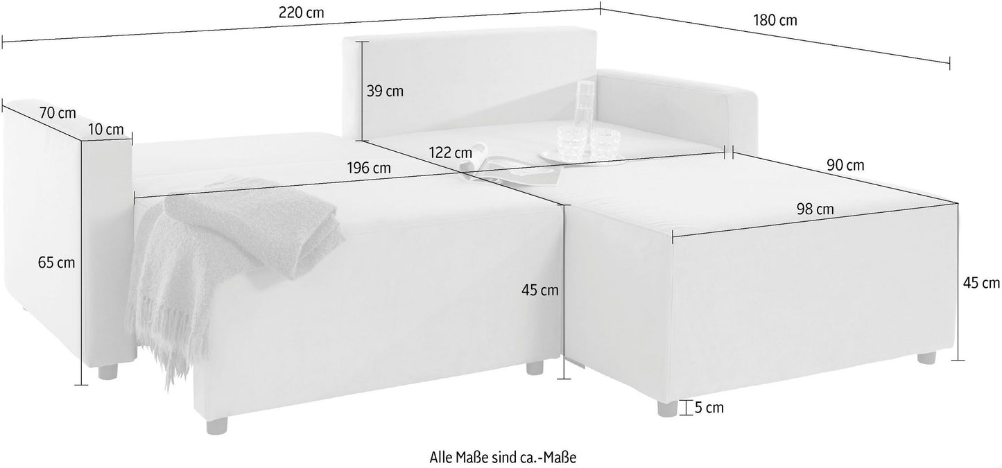 Ecksofa in Grau mit Schlaffunktion, Bettkasten, Hocker, Marva