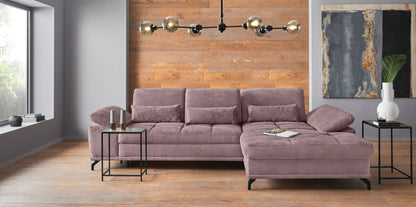 Ecksofa in Rosa Flieder mit Schlaffunktion, Bettkasten und Federkern, Sofa Costello Couch, rose.