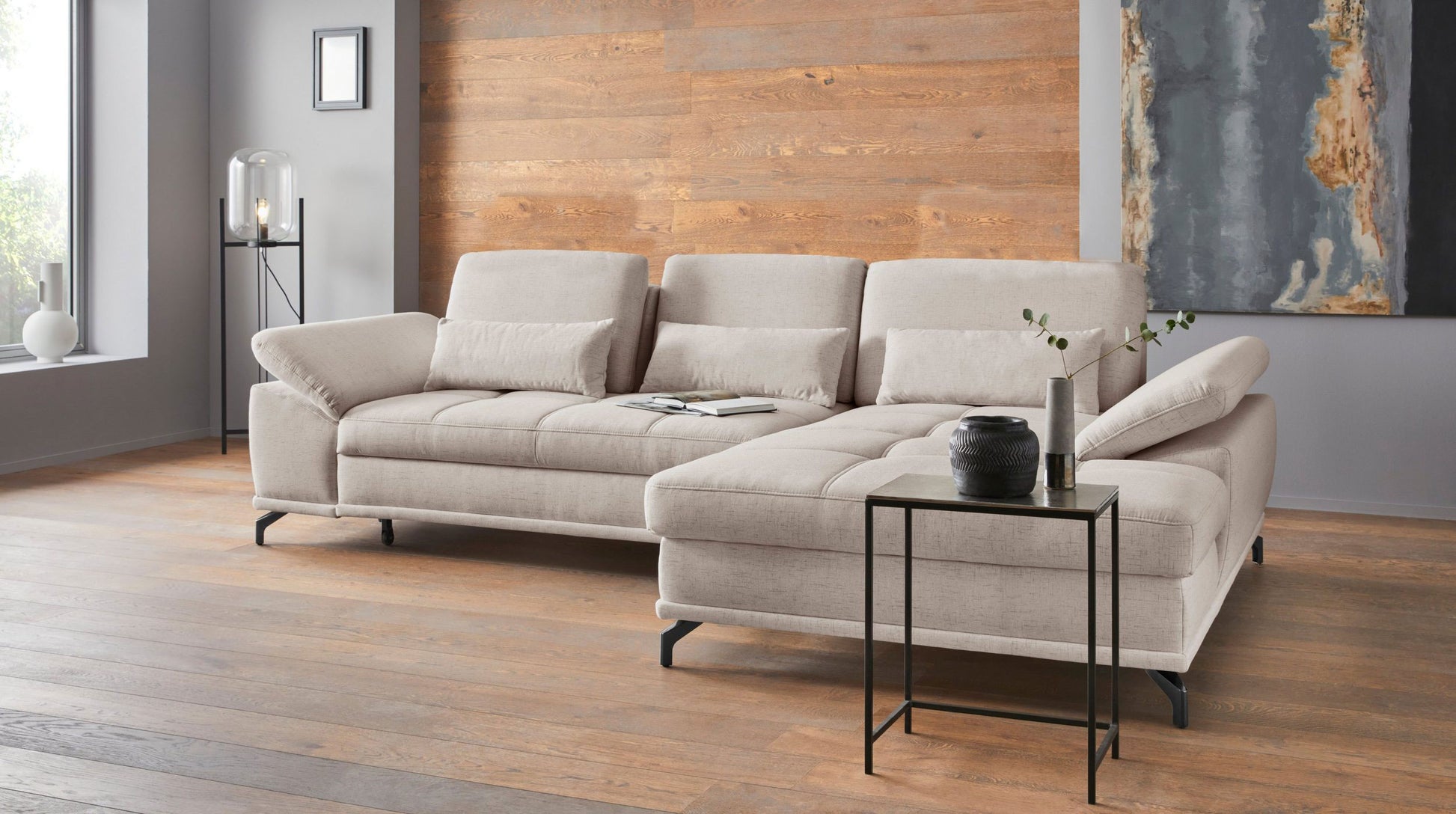 Ecksofa in Creme Beige mit Federkern, Sitztiefenverstellung, Sofa Costello reduziert.