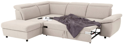 Ecksofa in Beige mit Schlaffunktion, Bettkastenun Hocker Mauritius