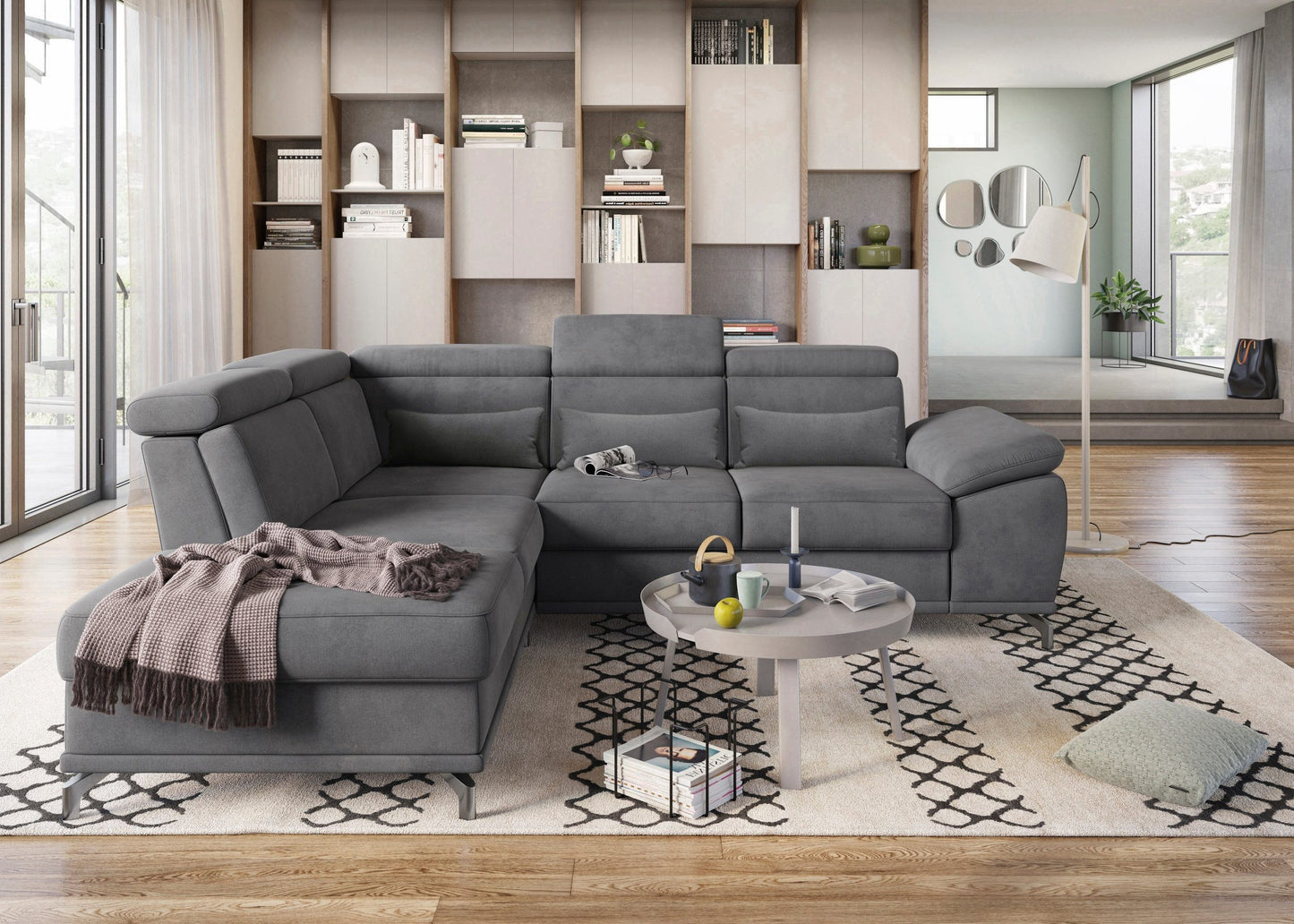 Ecksofa Grau mit Schlaffunktion, Bettkasten, Federkern, Sitztiefen- und Kopfteilverstellung im Luxus-Microfaser Bezug, Couch Cabrio jetzt online bestellen.