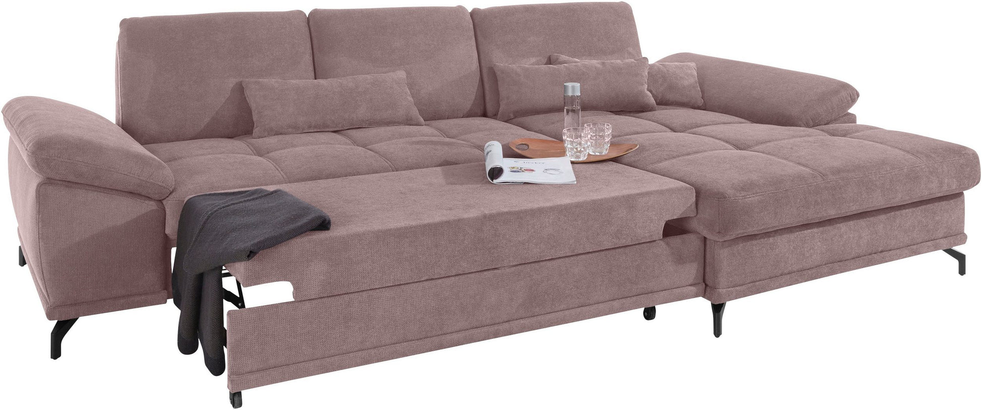 Ecksofa in Rosa Flieder mit Schlaffunktion, Bettkasten und Federkern, Sofa Costello Couch, rose.