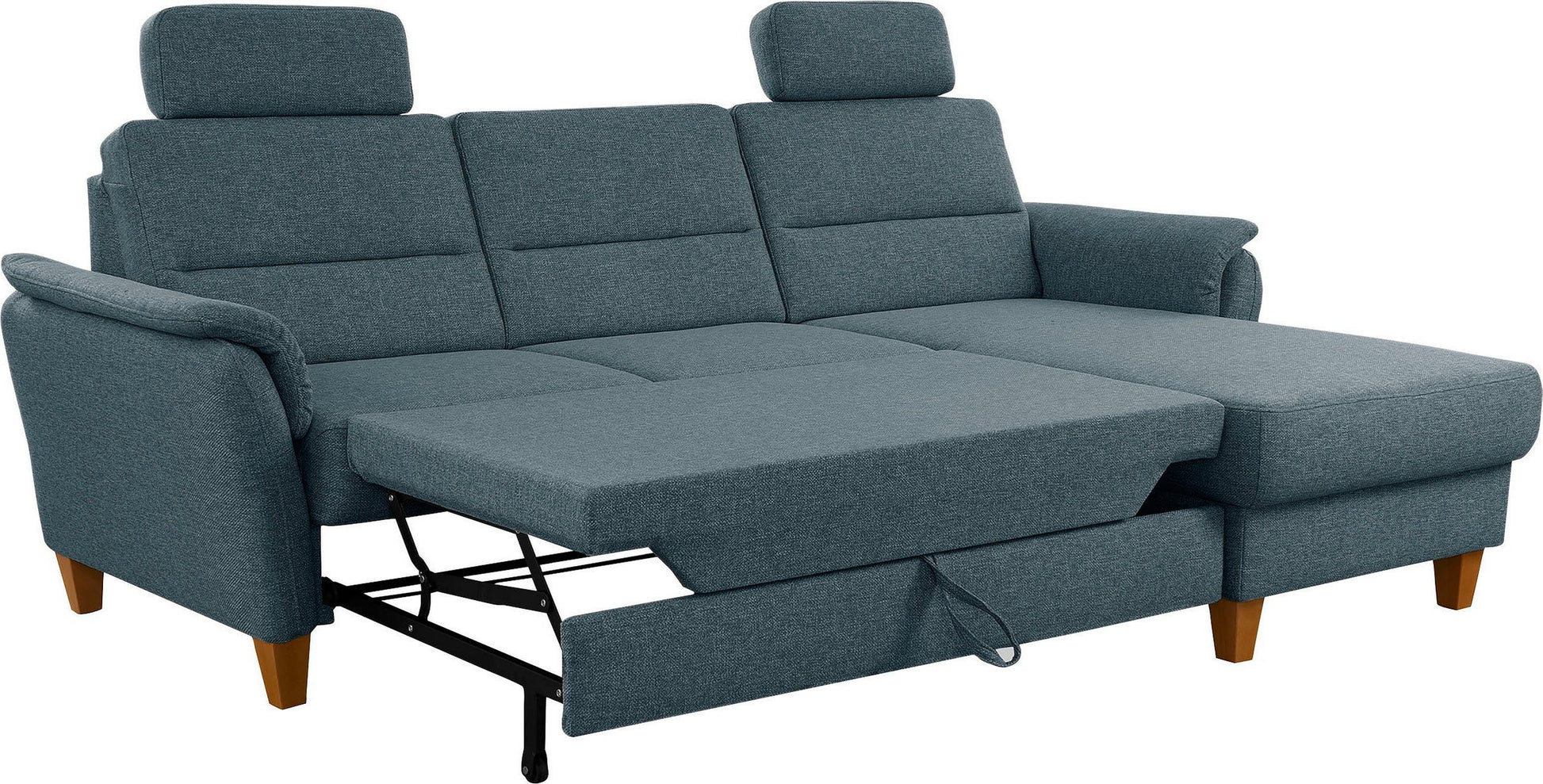 Kleines Ecksofa Grau Blau mit Schlaffunktion, Bettkasten und Federkern Couch Palmera jetzt reduziert im Angebot kaufen.
