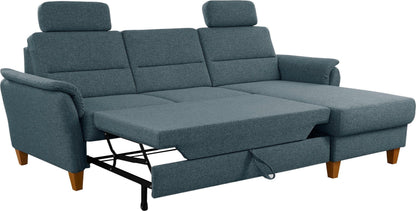 Kleines Ecksofa Grau Blau mit Schlaffunktion, Bettkasten und Federkern Couch Palmera jetzt reduziert im Angebot kaufen.