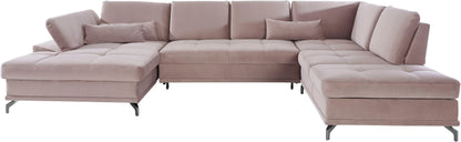 Wohnlandschaft Samt Beige mit Schlaffunktion, Bettkasten, Federkern und Sitztiefenverstellung im Skandi Design mit filgranen Füßen, SofalandschaftCostello.