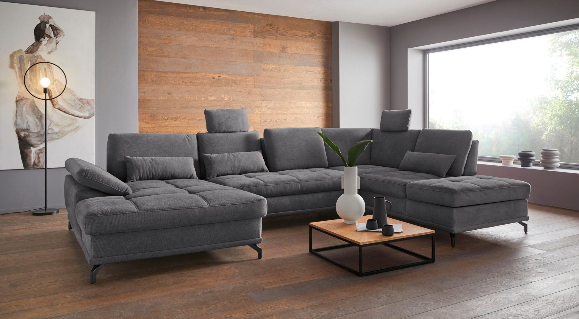 Wohnlandschaft Grau mit Schlaffunktion, Bettkasten, Federkern und Sitztiefenverstellung im pflegeleichtem und weichem Luxus-Microfaser Bezug, Costello.