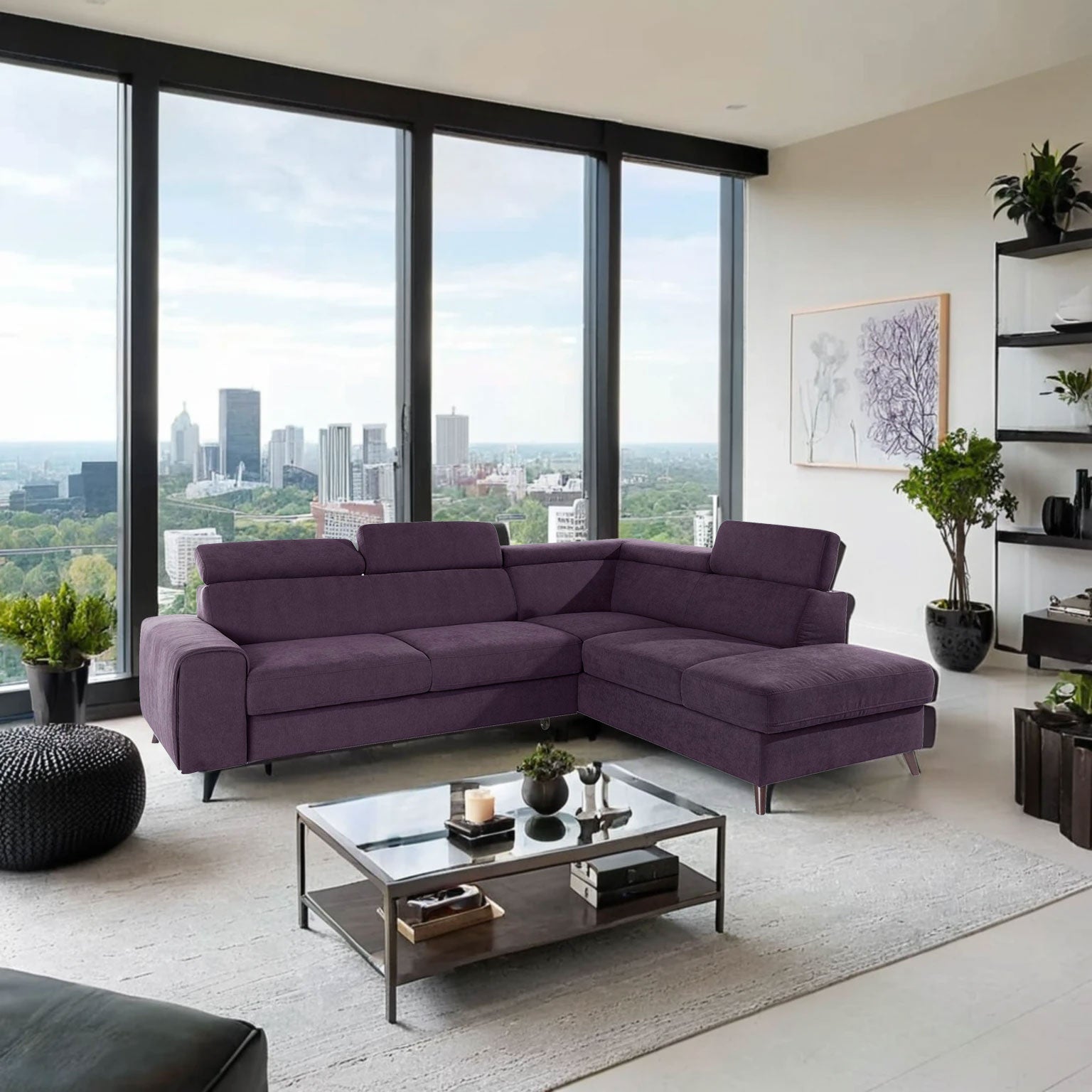 Ecksofa Forza in pflegeleichtem Microfaser in Purple Lila mit Kopfteilverstellung.