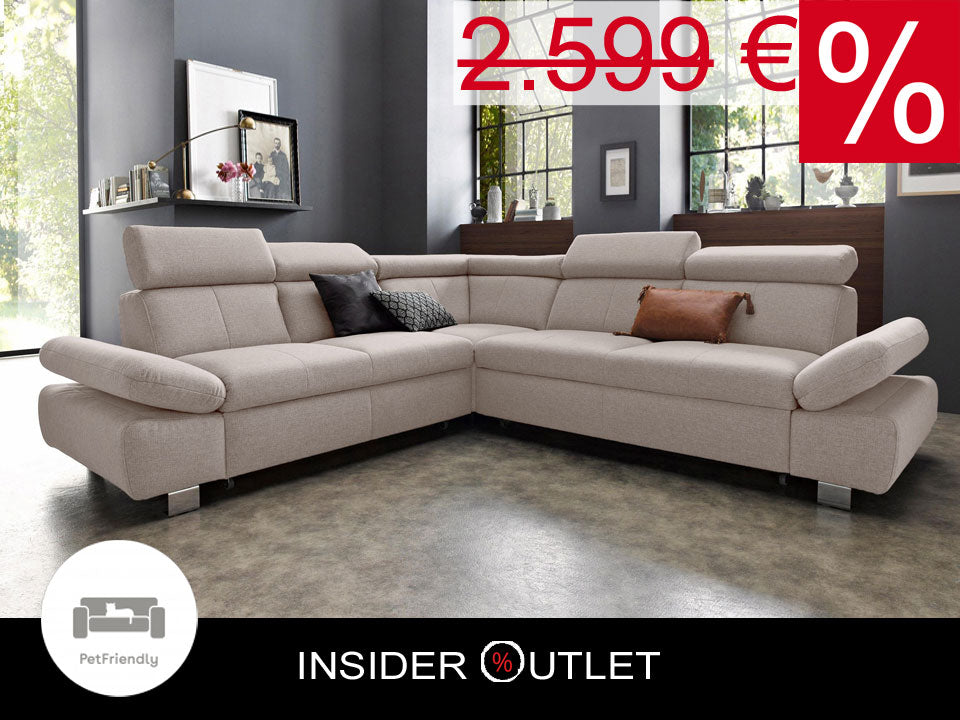 Ecksofa Creme Beige mit Schlaffunktion, Bettkasten, Armteilverstellung und Kopfteilverstellung, Couch Sofa Haustierfreundlich, Katzen geeignet.