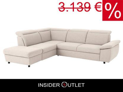 Ecksofa in Beige mit Schlaffunktion, Bettkastenun Hocker Mauritius