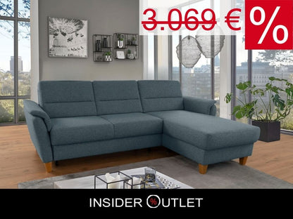 Kleines Ecksofa Grau Blau mit Schlaffunktion, Bettkasten und Federkern Couch Palmera jetzt reduziert im Angebot kaufen.