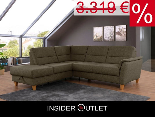 Kleines Ecksofa in Olive Grün mit Schlaffunktion, Bettkasten und Federkern jetzt reduziert im Angebot online bestellen, Couch Palmera.