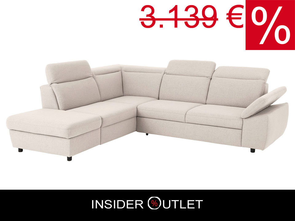 Ecksofa in Beige mit Schlaffunktion, Bettkastenun Hocker Mauritius