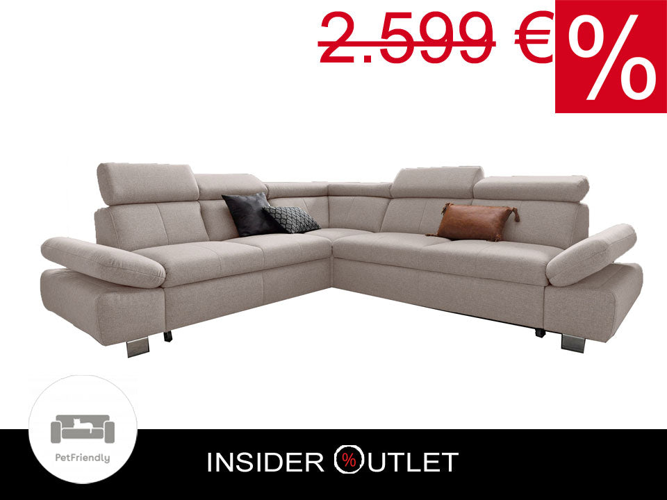 Ecksofa Creme Beige mit Schlaffunktion, Bettkasten, Armteilverstellung und Kopfteilverstellung, Couch Sofa Haustierfreundlich, Katzen geeignet.