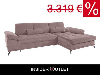 Ecksofa in Rosa Flieder mit Schlaffunktion, Bettkasten und Federkern, Sofa Costello Couch, rose.