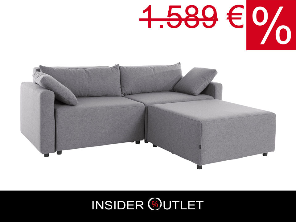 Ecksofa in Grau mit Schlaffunktion, Bettkasten, Hocker, Marva