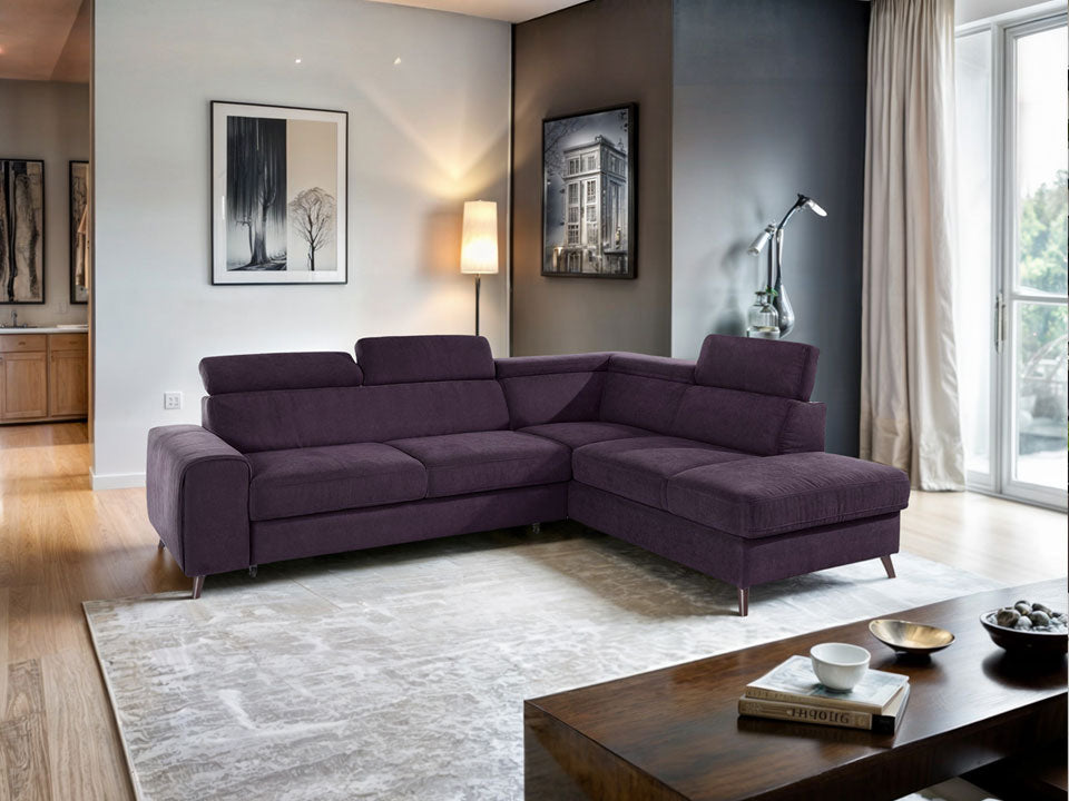 Ecksofa Forza in pflegeleichtem Microfaser in Purple Lila mit Kopfteilverstellung.