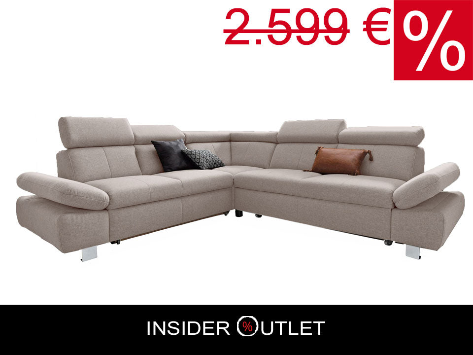 Ecksofa Creme Beige mit Schlaffunktion, Bettkasten, Armteilverstellung und Kopfteilverstellung, Couch online kaufen.