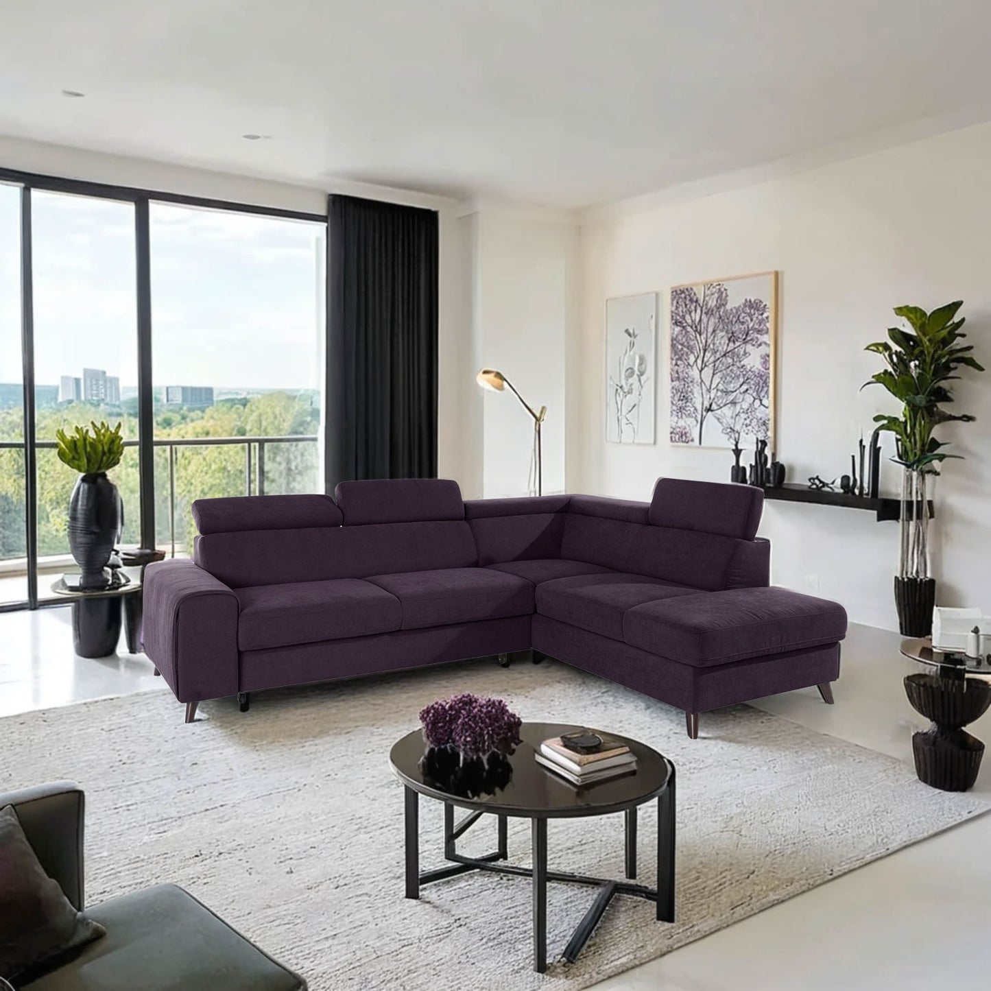 Ecksofa Forza in pflegeleichtem Microfaser in Purple Lila mit Kopfteilverstellung.