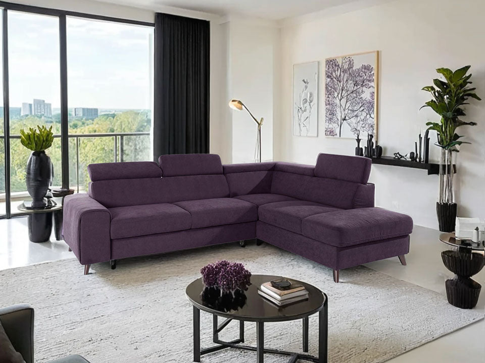 Ecksofa Forza in pflegeleichtem Microfaser in Purple Lila mit Kopfteilverstellung.