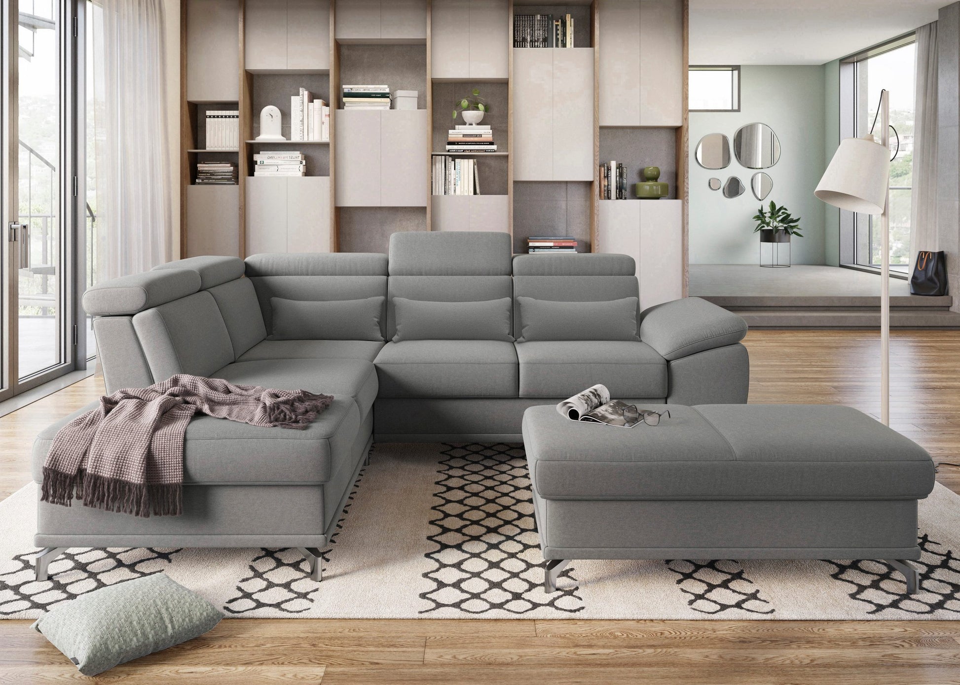 Ecksofa Cabrio in Grau mit Federkern, Sitztiefenverstellung in pflegeleichtem Luxus-Micrfaser Bezug, Couch günstig kaufen.