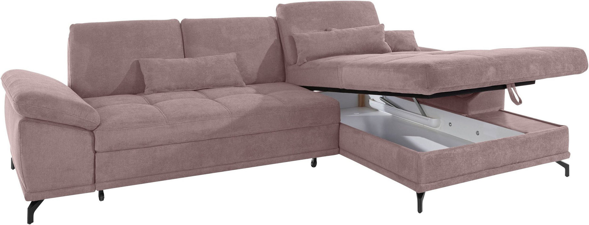 Ecksofa in Rosa Flieder mit Schlaffunktion, Bettkasten und Federkern, Sofa Costello Couch, rose.