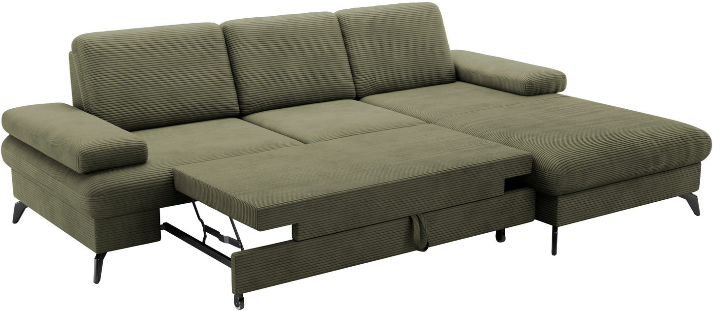 Ecksofa 247x171cm Cord Olive Grün Schlaffunktion PUR-Schaum Skandi Design B-Ware OTR