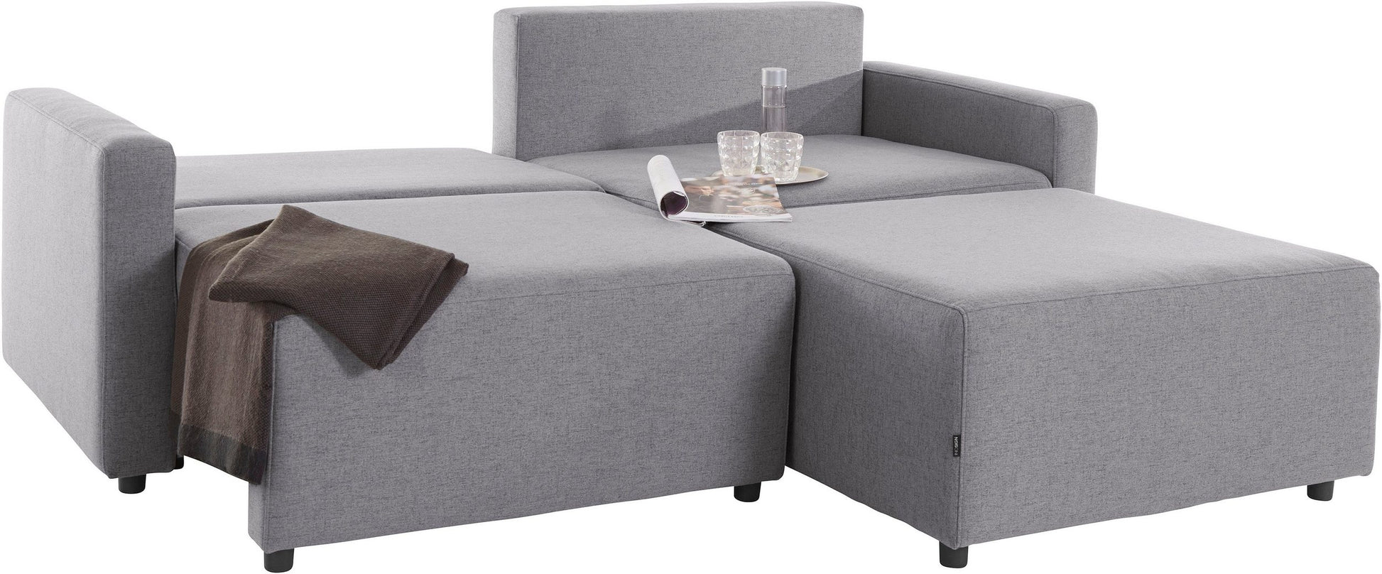 Ecksofa in Grau mit Schlaffunktion, Bettkasten, Hocker, Marva