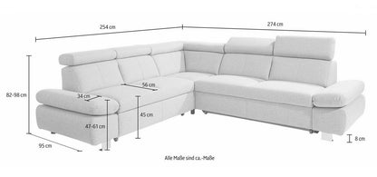 Ecksofa Creme Beige mit Schlaffunktion, Bettkasten, Armteilverstellung und Kopfteilverstellung, Couch online kaufen.