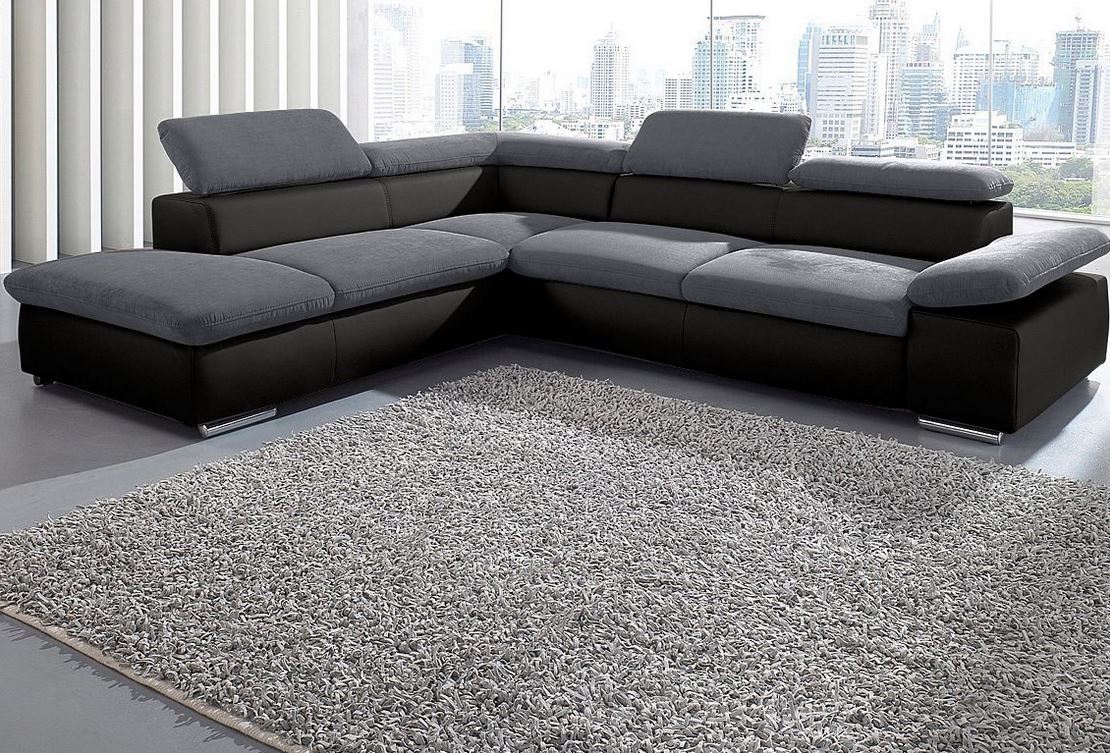 Ecksofa Grau Schwarz Microfaser Couch Valentine sofort lieferbar.