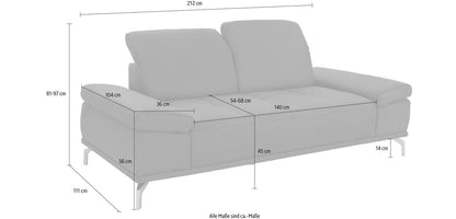 Sofa Caluna 3-Sitzer Couch in Grau mit Federkern, Sitztiefenverstellung und Kopfteilverstellung.