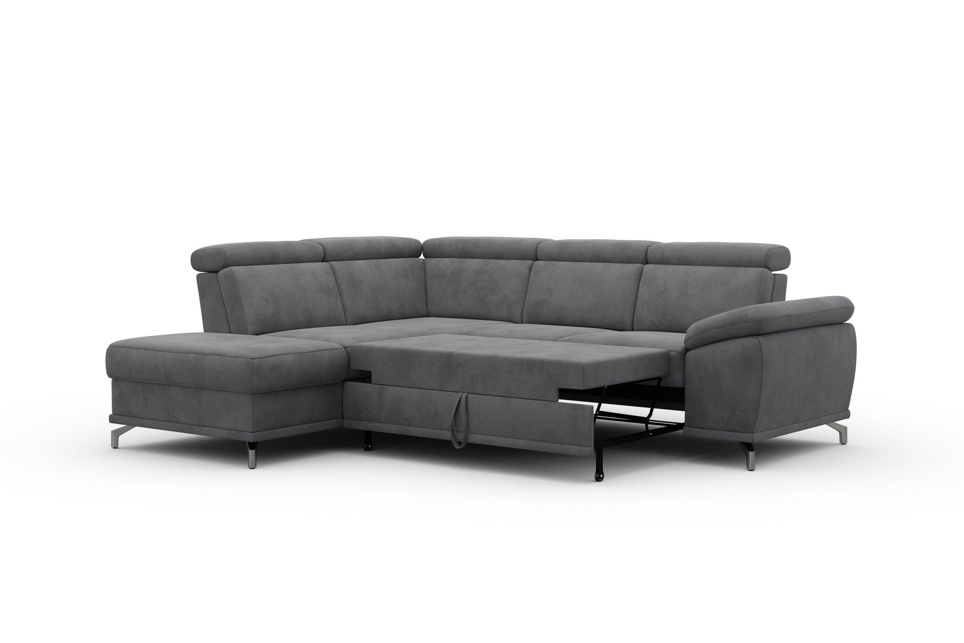 Ecksofa Grau mit Schlaffunktion, Bettkasten, Federkern, Sitztiefen- und Kopfteilverstellung im Luxus-Microfaser Bezug, Couch Cabrio jetzt online bestellen.