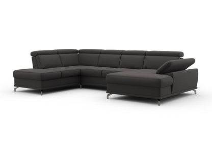 Wohnlandschaft Grau mit Federkern, Sitztiefen- und Kopfteilverstellung im Luxus-Microfaserbezug, U-Form Cabrio jetzt reduziert im Angebot bestellen.