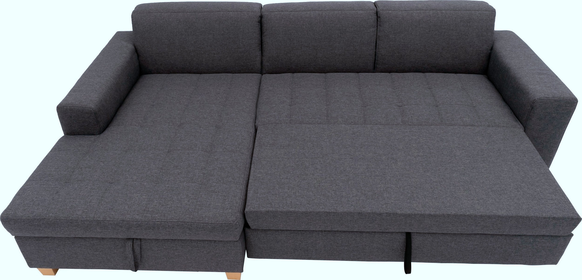 Kleines Ecksofa anthrazit grau mit Schlaffunktion in Überlänge, Bettkasten aus der Serie Teri "Corby" jetzt reduziert Online kaufen.