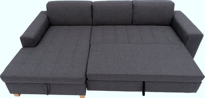 Kleines Ecksofa anthrazit grau mit Schlaffunktion in Überlänge, Bettkasten aus der Serie Teri "Corby" jetzt reduziert Online kaufen.
