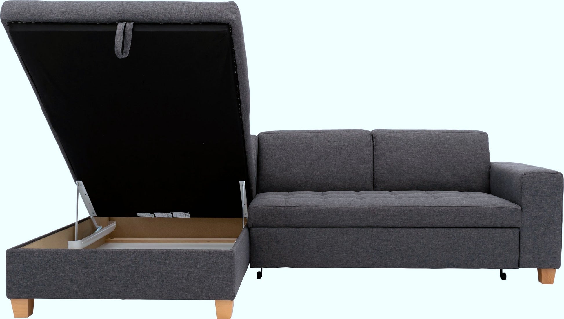 Kleines Ecksofa anthrazit grau mit Schlaffunktion in Überlänge, Bettkasten aus der Serie Teri "Corby" jetzt reduziert Online kaufen.