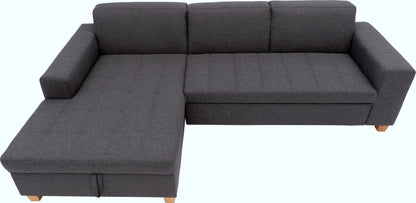 Kleines Ecksofa anthrazit grau mit Schlaffunktion in Überlänge, Bettkasten aus der Serie Teri "Corby" jetzt reduziert Online kaufen.