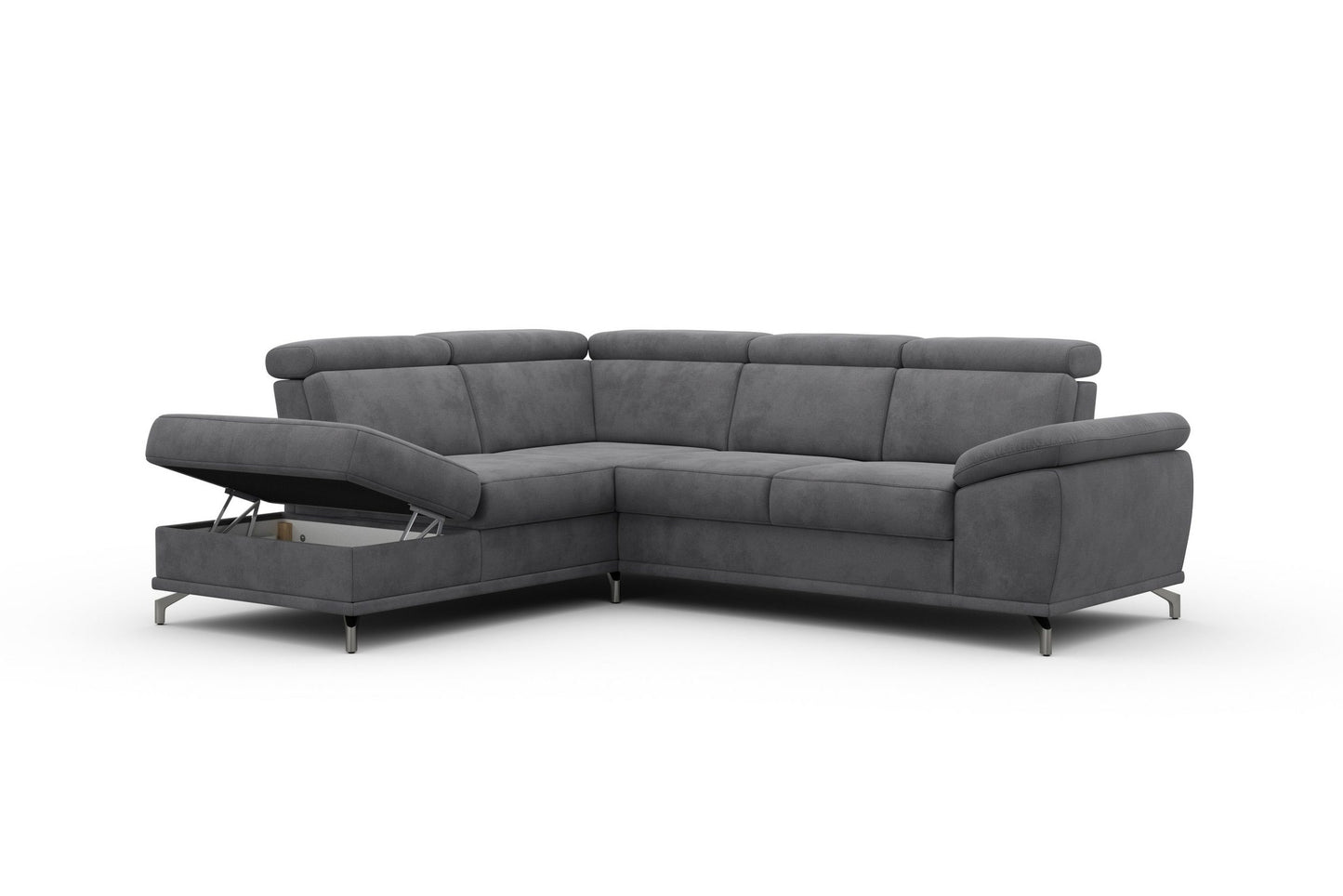 Ecksofa Grau mit Schlaffunktion, Bettkasten, Federkern, Sitztiefen- und Kopfteilverstellung im Luxus-Microfaser Bezug, Couch Cabrio jetzt online bestellen.