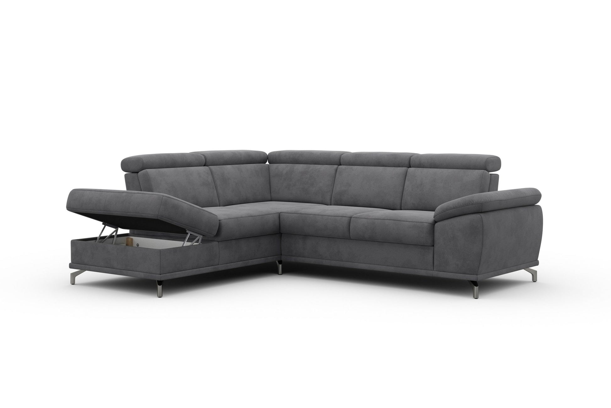 Ecksofa Grau mit Schlaffunktion, Bettkasten, Federkern, Sitztiefen- und Kopfteilverstellung im Luxus-Microfaser Bezug, Couch Cabrio jetzt online bestellen.