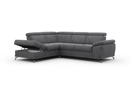 Ecksofa Grau mit Schlaffunktion, Bettkasten, Federkern, Sitztiefen- und Kopfteilverstellung im Luxus-Microfaser Bezug, Couch Cabrio jetzt online bestellen.