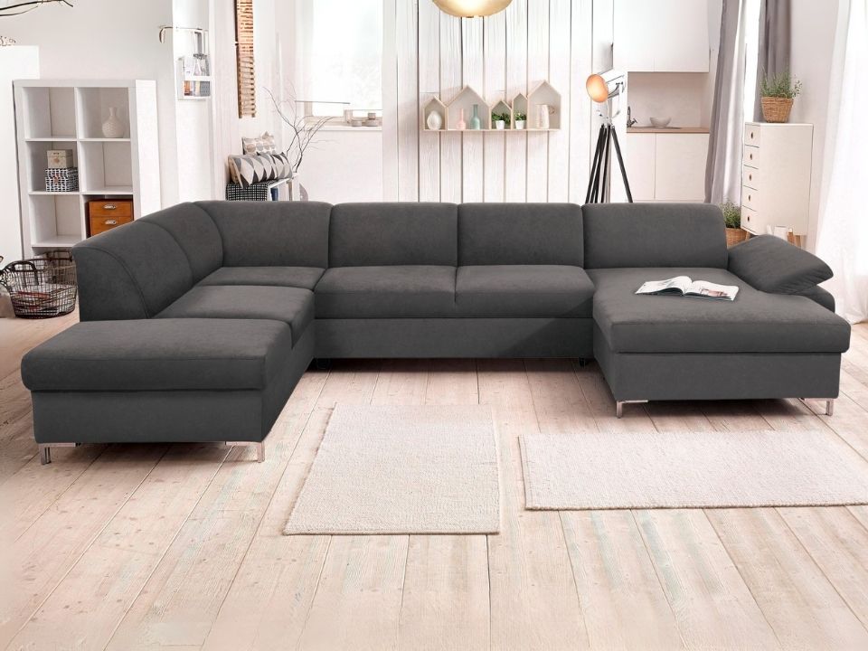 Wohnlandschaft Anthrazit Grau mit Schlaffunktion in Übelänge in Microfaser, U-Form Santana jetzt reduziert im Angebot online bestellen.