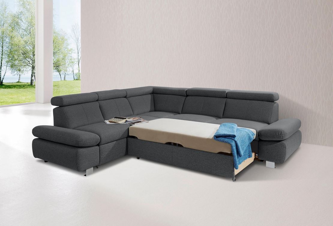 Ecksofa Grau mit Schlaffunktion und Bettkasten, Couch Happy.