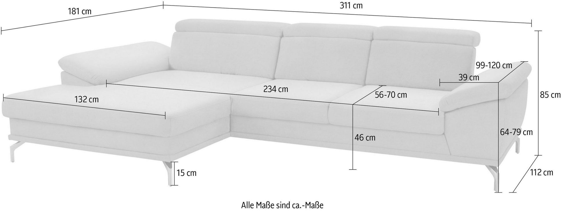 Maße Ecksofa Beige mit Federkern und Sitztiefenverstellung in Luxus-Microfaser, Skandi Design Couch Scorpio.