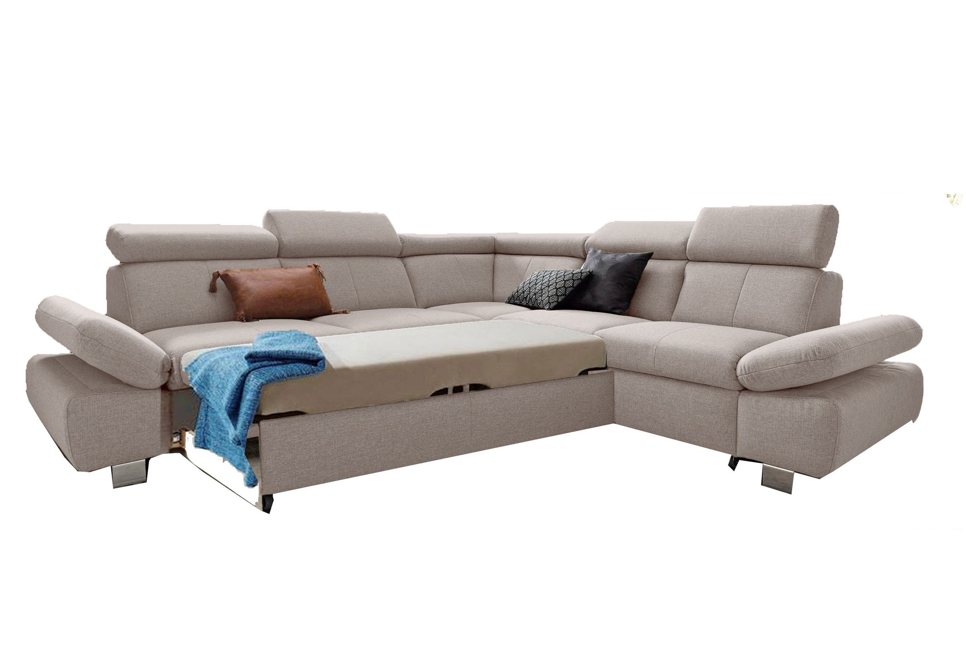 Ecksofa Happy in hellbeige, beige mit Schlaffunktion und Bettkasten pflegeleichtn.