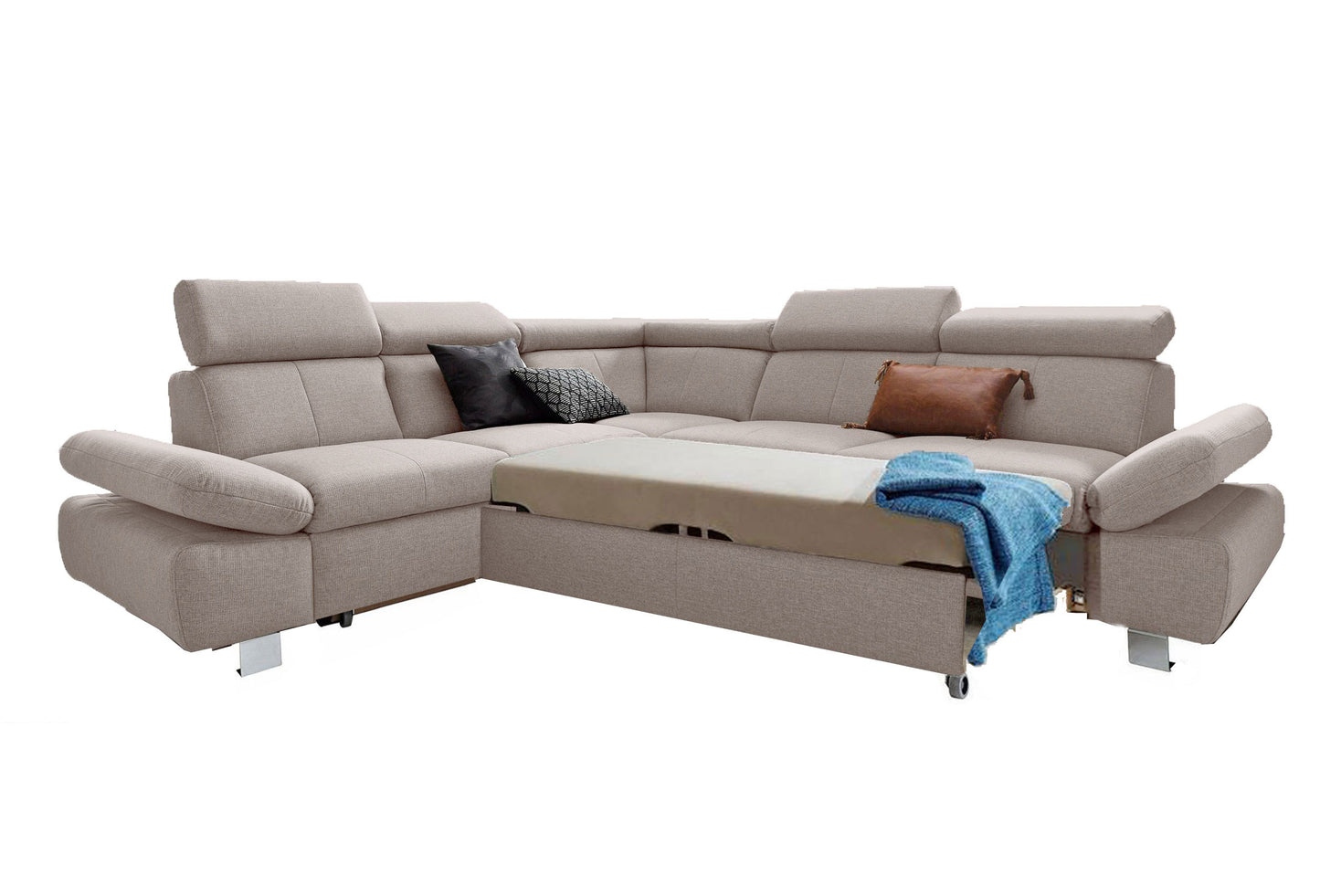 Ecksofa Creme Beige mit Schlaffunktion, Bettkasten, Armteilverstellung und Kopfteilverstellung, Couch online kaufen.