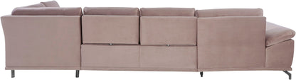 Wohnlandschaft Samt Beige mit Schlaffunktion, Bettkasten, Federkern und Sitztiefenverstellung im Skandi Design mit filgranen Füßen, SofalandschaftCostello.