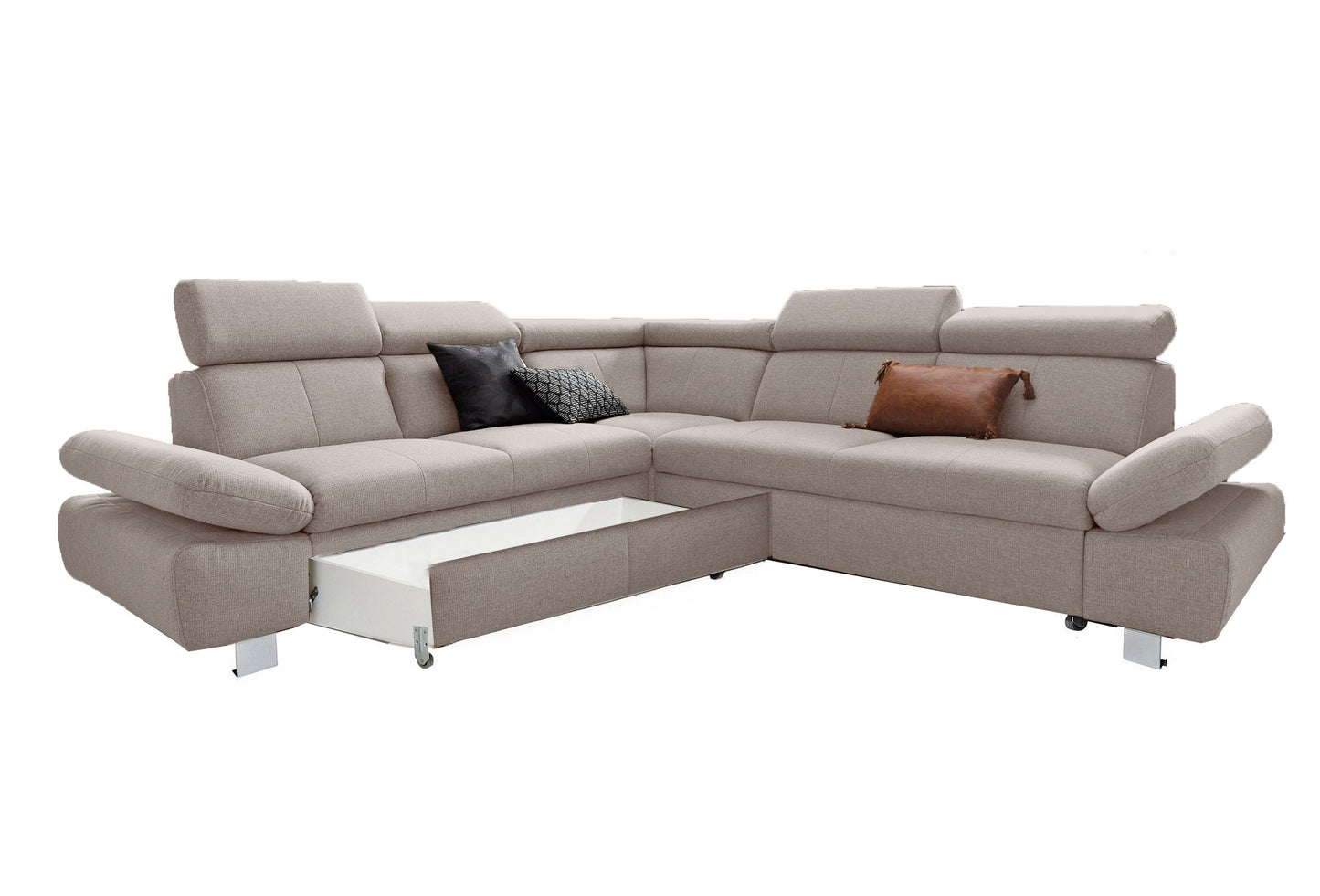 Ecksofa Creme Beige mit Schlaffunktion, Bettkasten, Armteilverstellung und Kopfteilverstellung, Couch online kaufen.