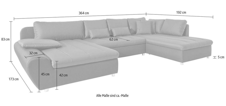 Wohnlandschaft 364x192cm Schlaffunktion Bettkasten Grau U-Form Sofa B-Ware